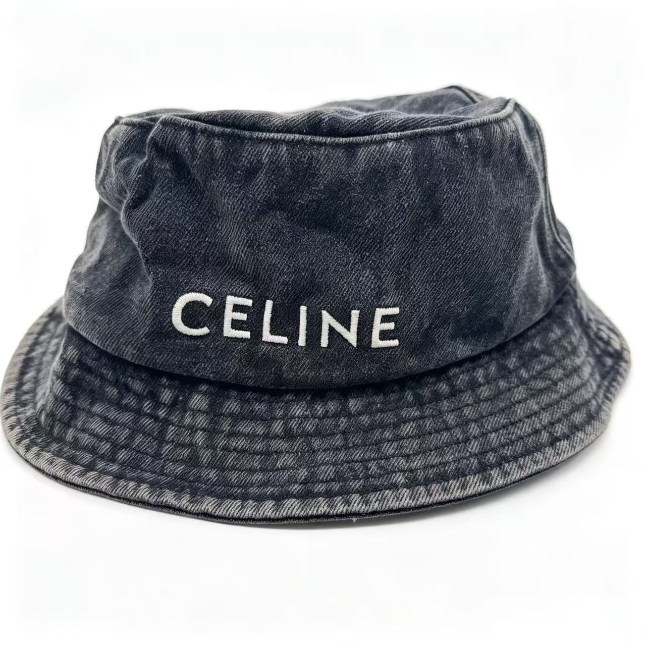 Celine Black Washed Denim Logo Embroidered Bucket Hat