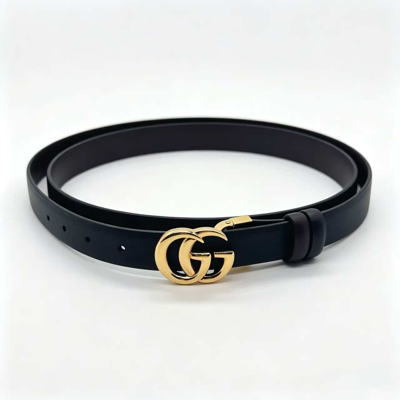 Gucci Black Leather Slim Belt Gold Double GG Buckle