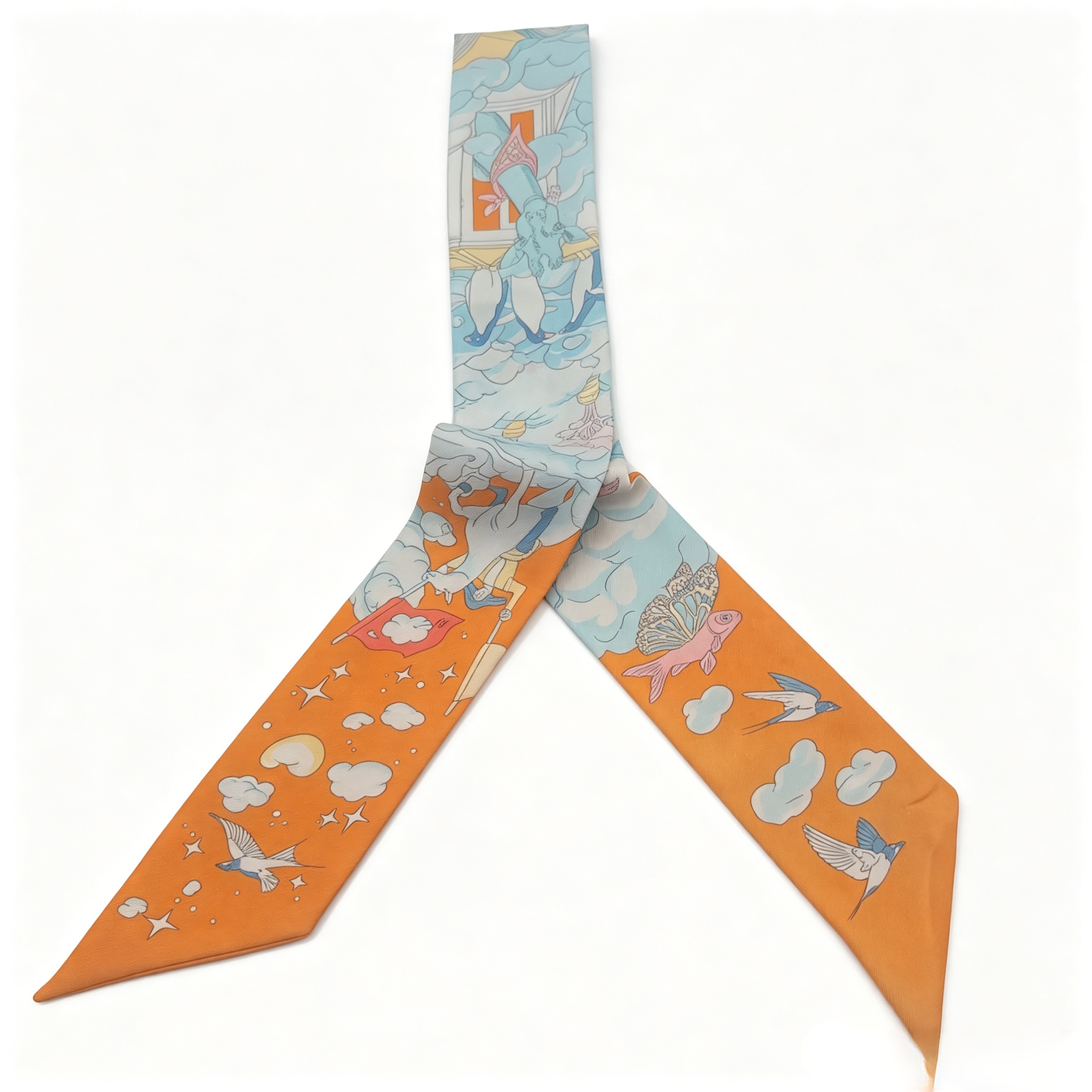 Hermes Orange Bird Print Silk Twilly