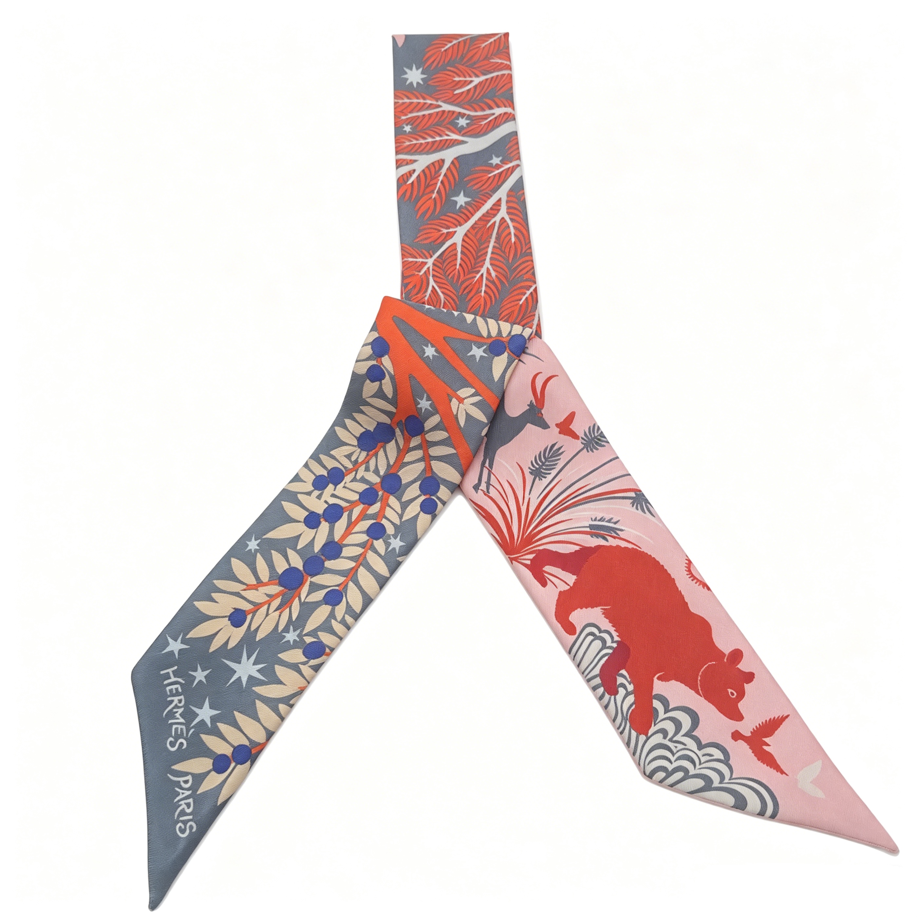 Hermes Red Grey Animal Print Silk Twilly