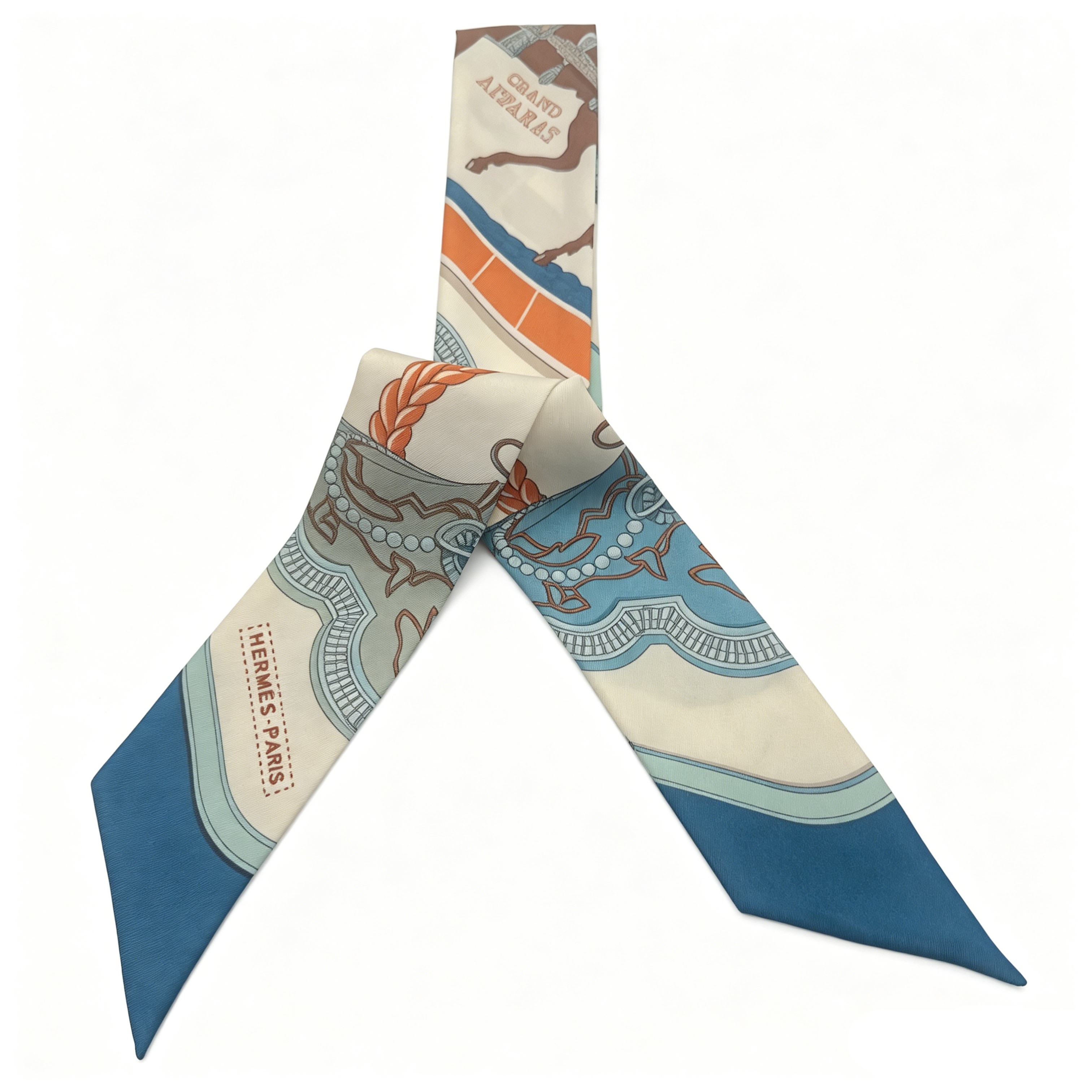 Hermes Blue Orange Equestrian Silk Twilly